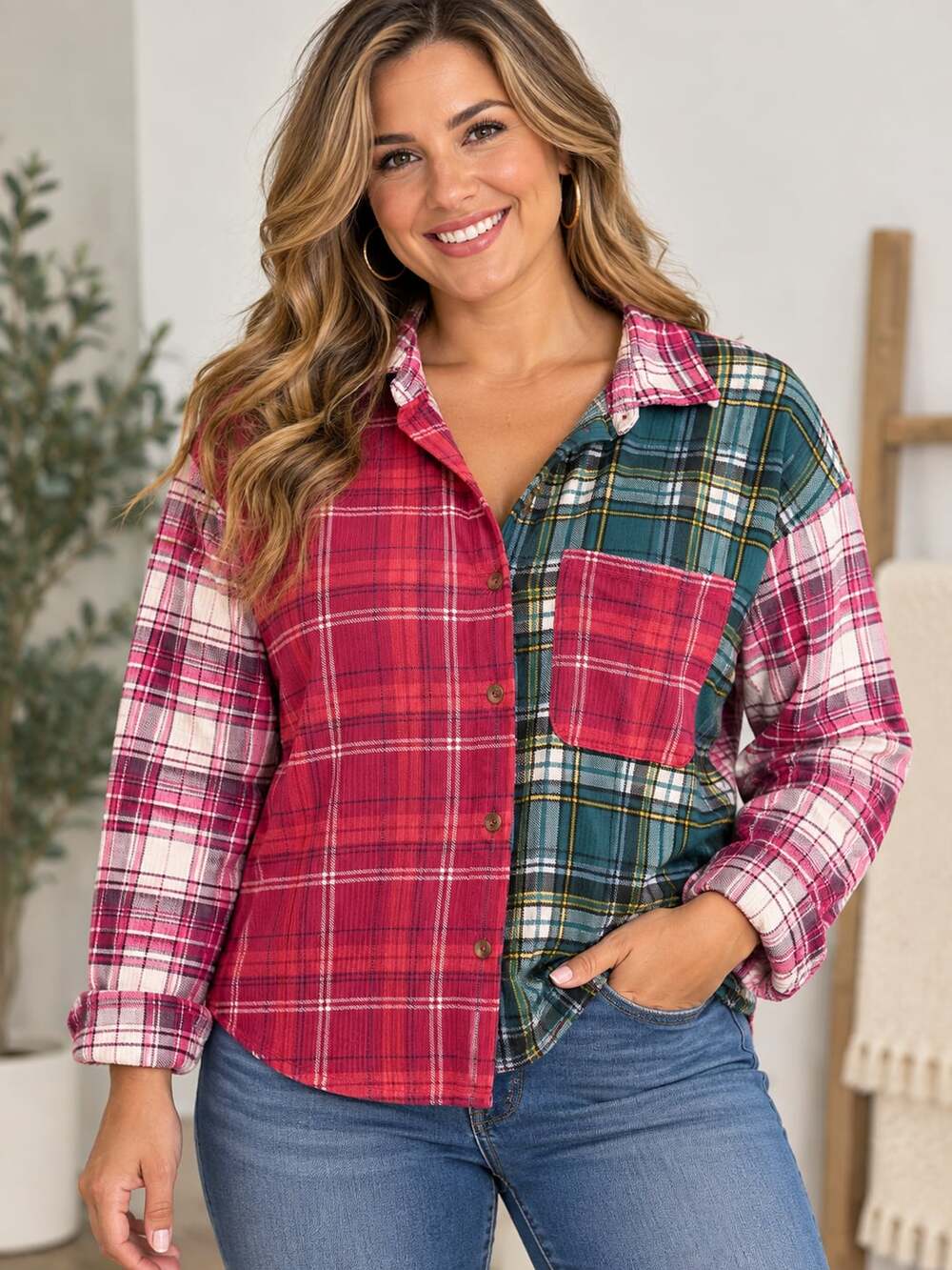 Rue21 Patchwork Plaid Flannel Shirt Size L Multi Color Long Sleeve